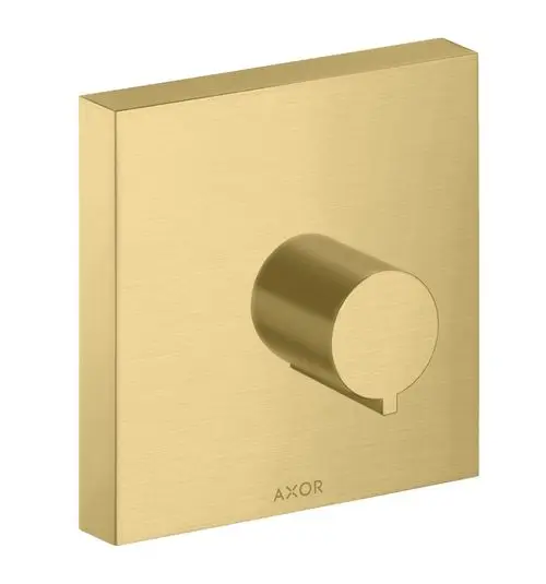 Wandmontiertes Absperrventil in Brushed Gold Optik, kreisförmiger Bedienknopf. Hersteller: AXOR. Quadratförmige Blende mit mattem Finish.